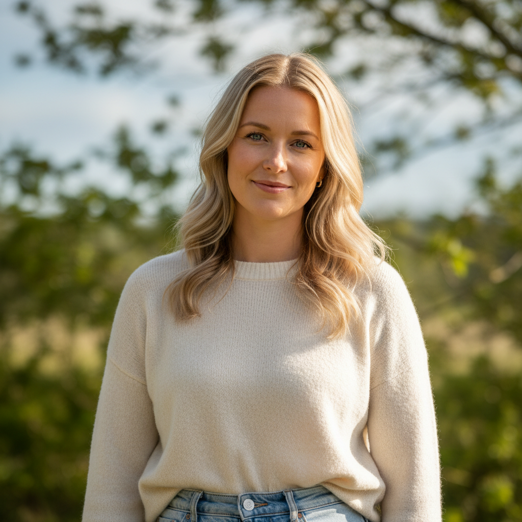 Scandinavian woman with blonde hair in athletic wear outdoors
