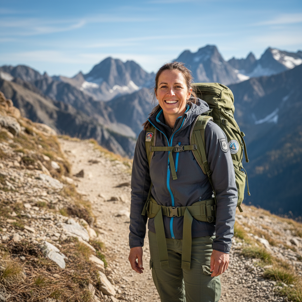 Smiling woman with blonde hair in hiking gear standing on mountain trail
