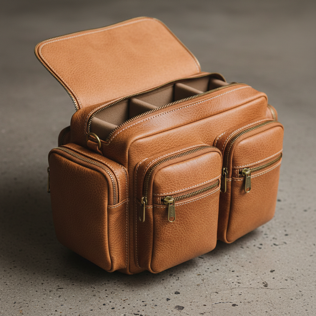 The Atlas camera bag larger model in tan leather with multiple compartments visible