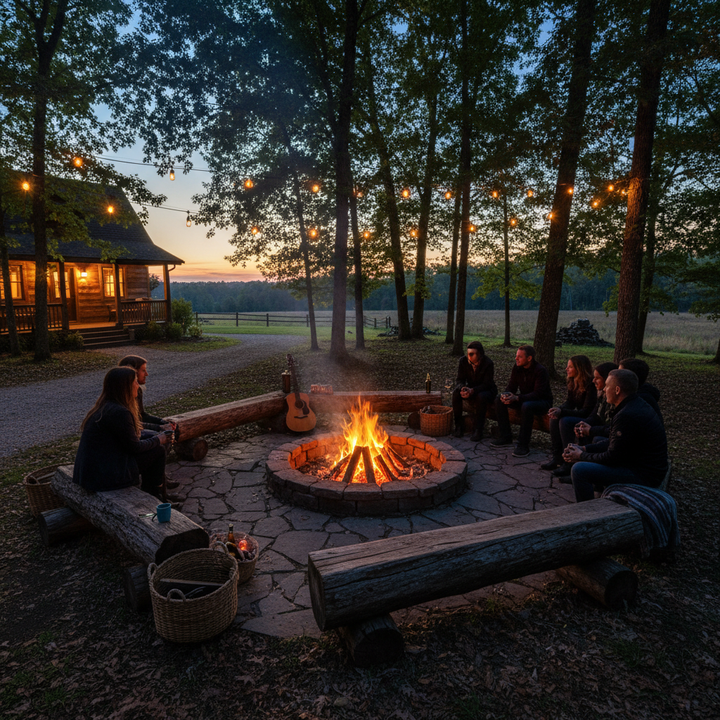 Communal firepit at dusk with glowing embers, surrounded by oak log seating at Wander Devon