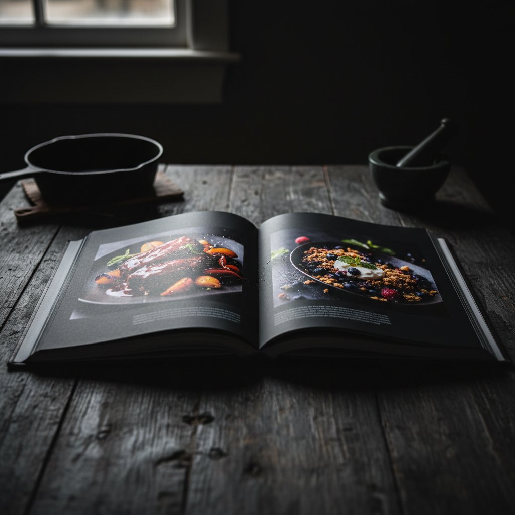 Open cookbook with dramatic food photography on dark pages