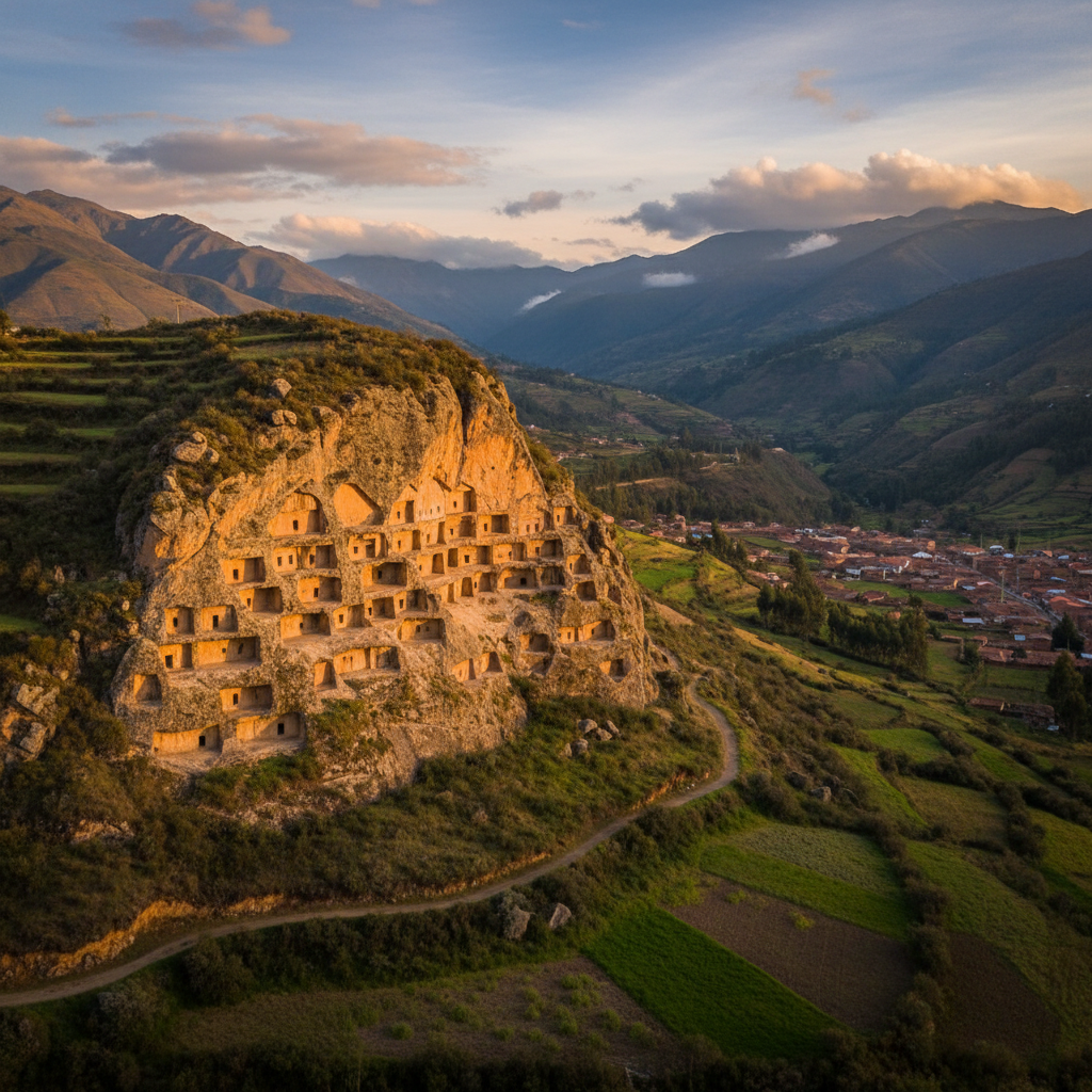 Ventanillas de Otuzco, nichos funerarios preincas tallados en roca volcánica dorada en las colinas de Cajamarca