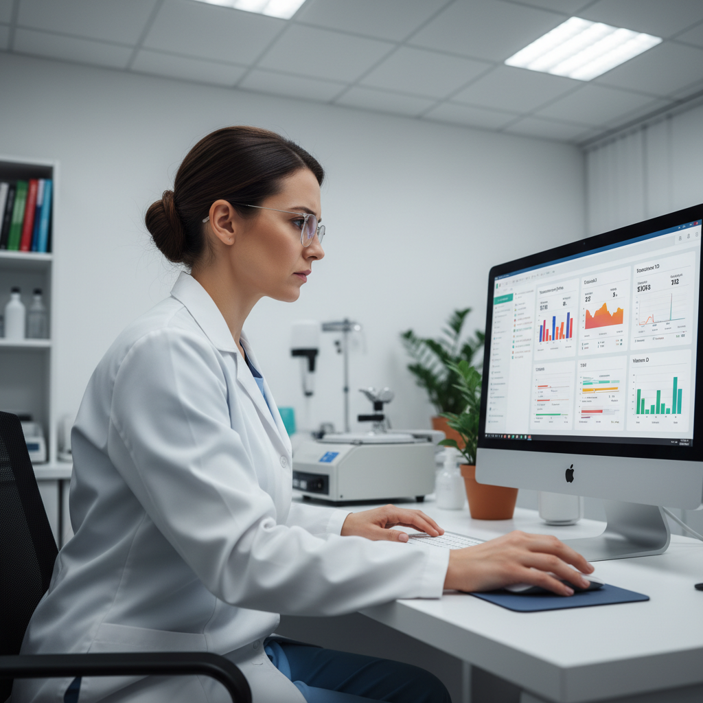 Endocrinologist reviewing hormone panel results on a monitor in a clinical setting