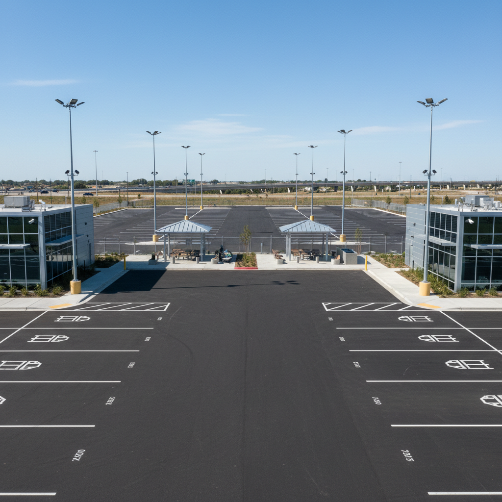 Premium truck parking facility with paved bays, security cameras, and driver amenities