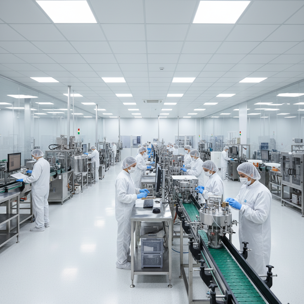 Modern agricultural processing facility with stainless steel equipment and workers in protective gear