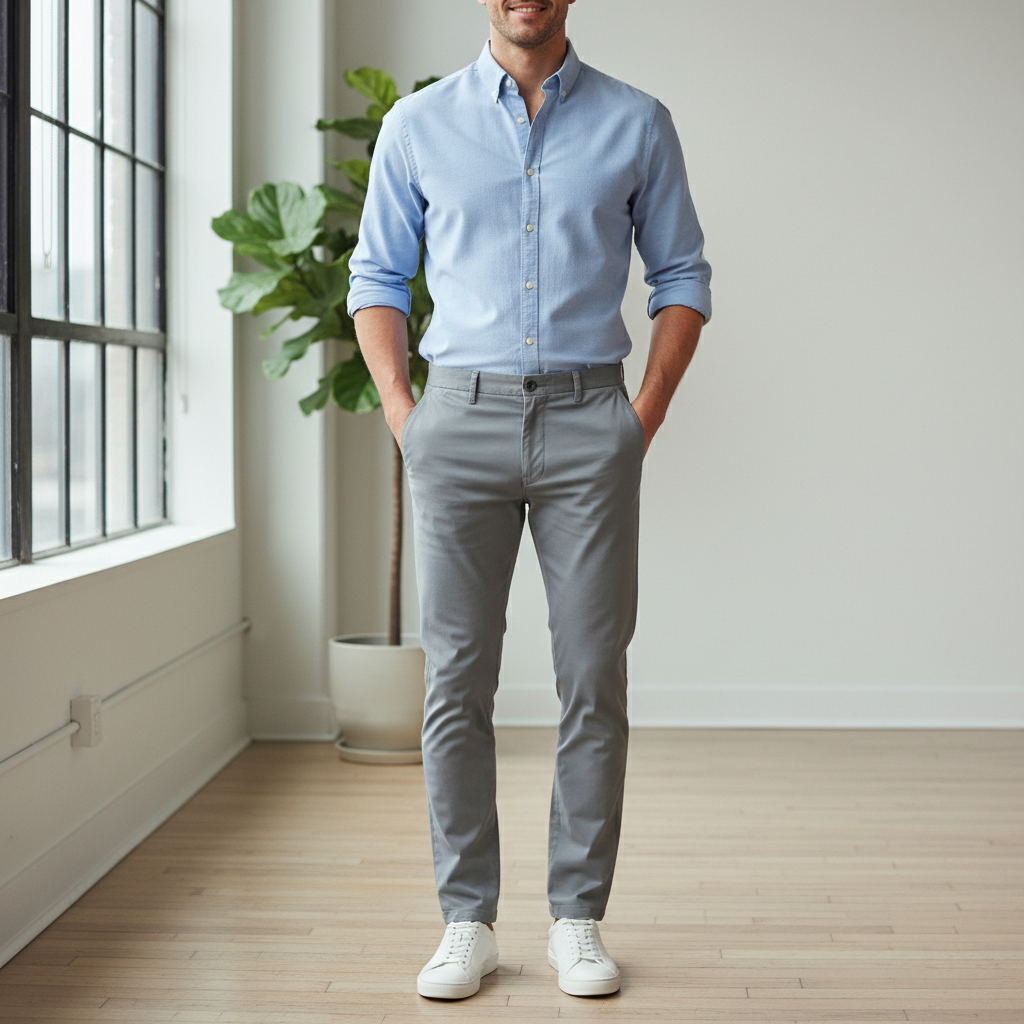 Man wearing slim navy chino trousers, minimal clean background