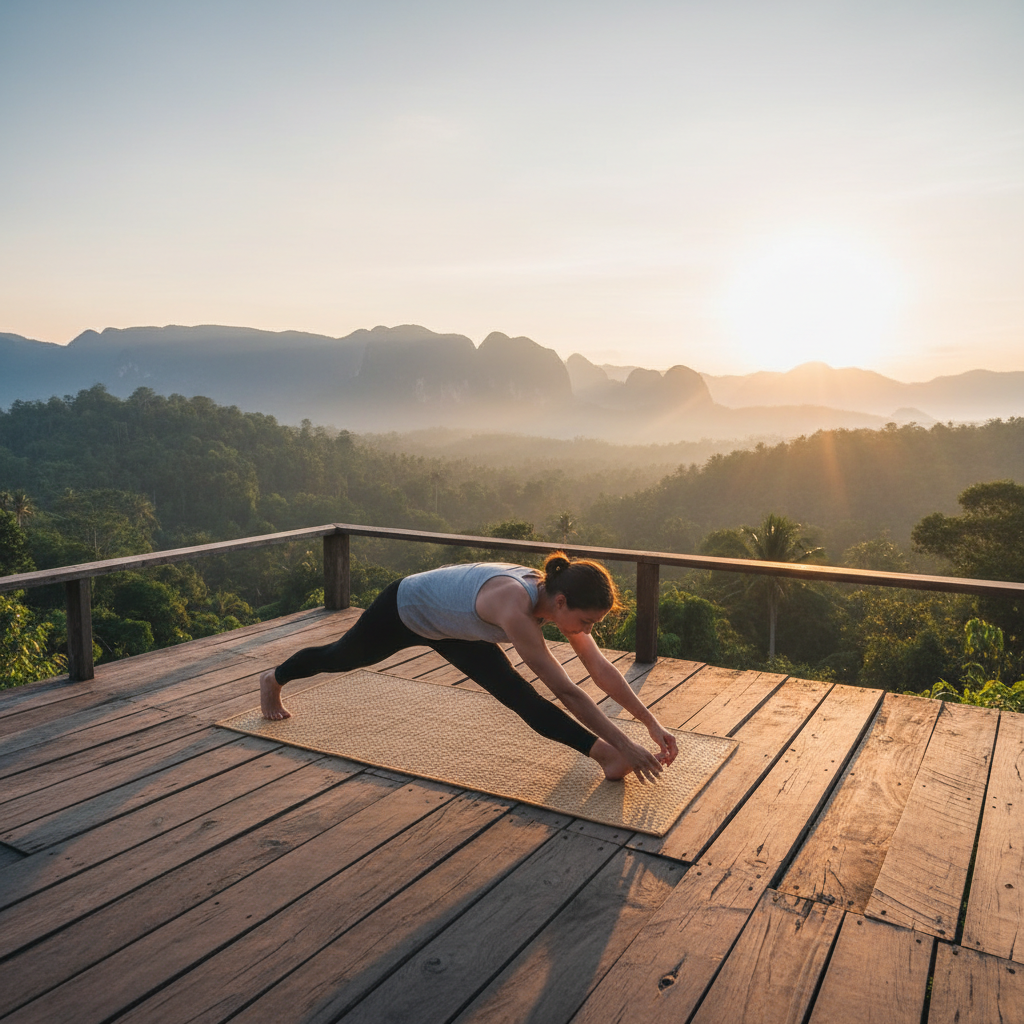 Person doing yoga on wooden deck surrounded by nature, soft morning light, bright and peaceful outdoor setting