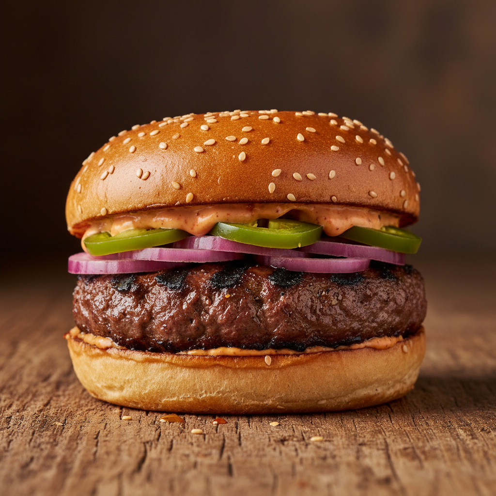 Peri-Peri Fire Burger — Flame-grilled patty, peri-peri mayo, jalapeños, pickled red 