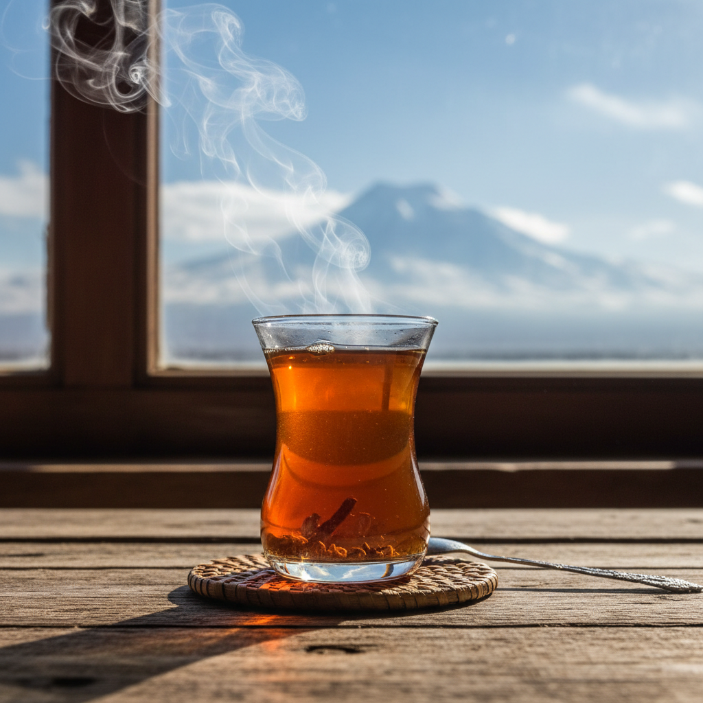 Steaming glass of Turkish çay tea on rustic wooden table with Mount Ararat snow-capped peak visible through window in Eastern Turkey