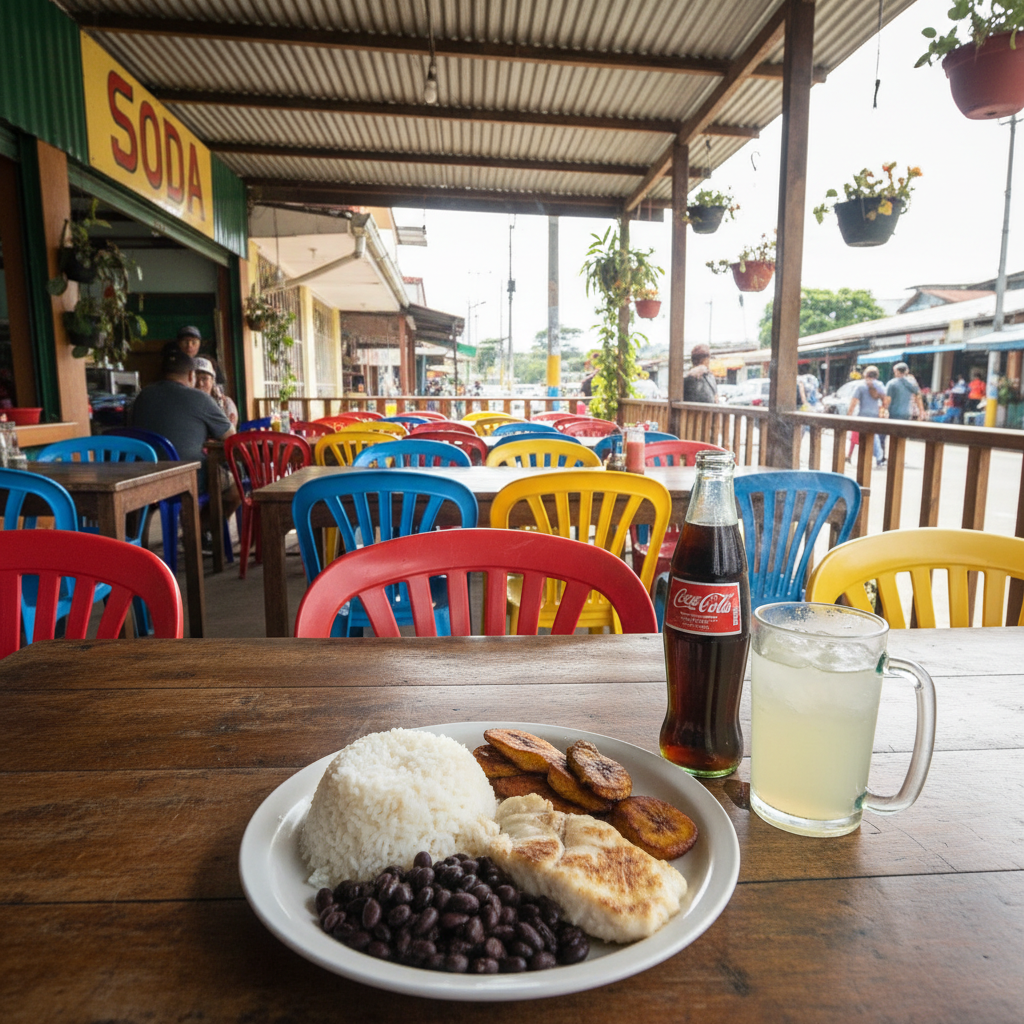 Open-air soda restaurant with plastic chairs, a steaming casado plate of rice beans plantains and fish on table