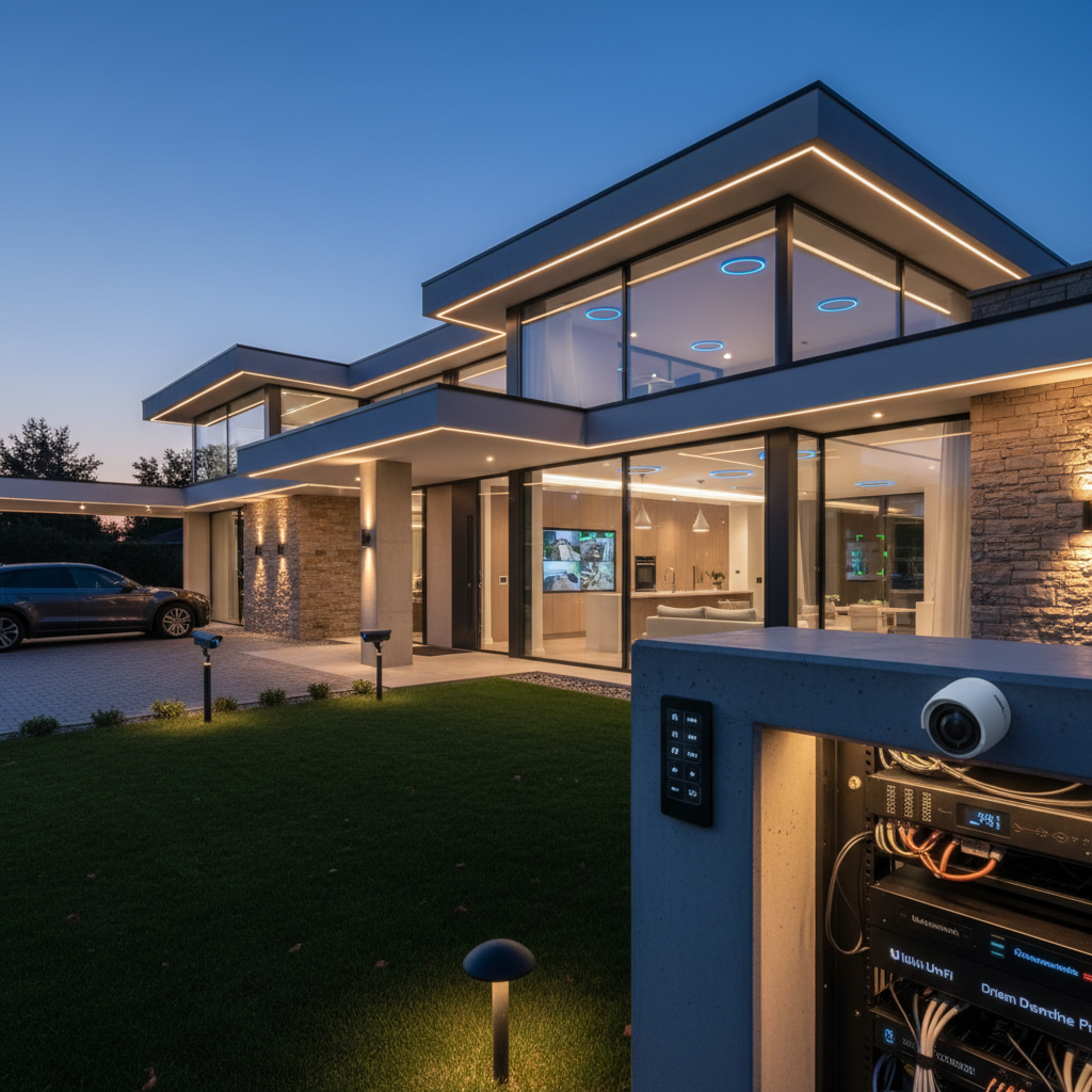 Modern contemporary home at night with dramatic exterior lighting against dark sky, clean architectural lines visible in low-key atmospheric lighting