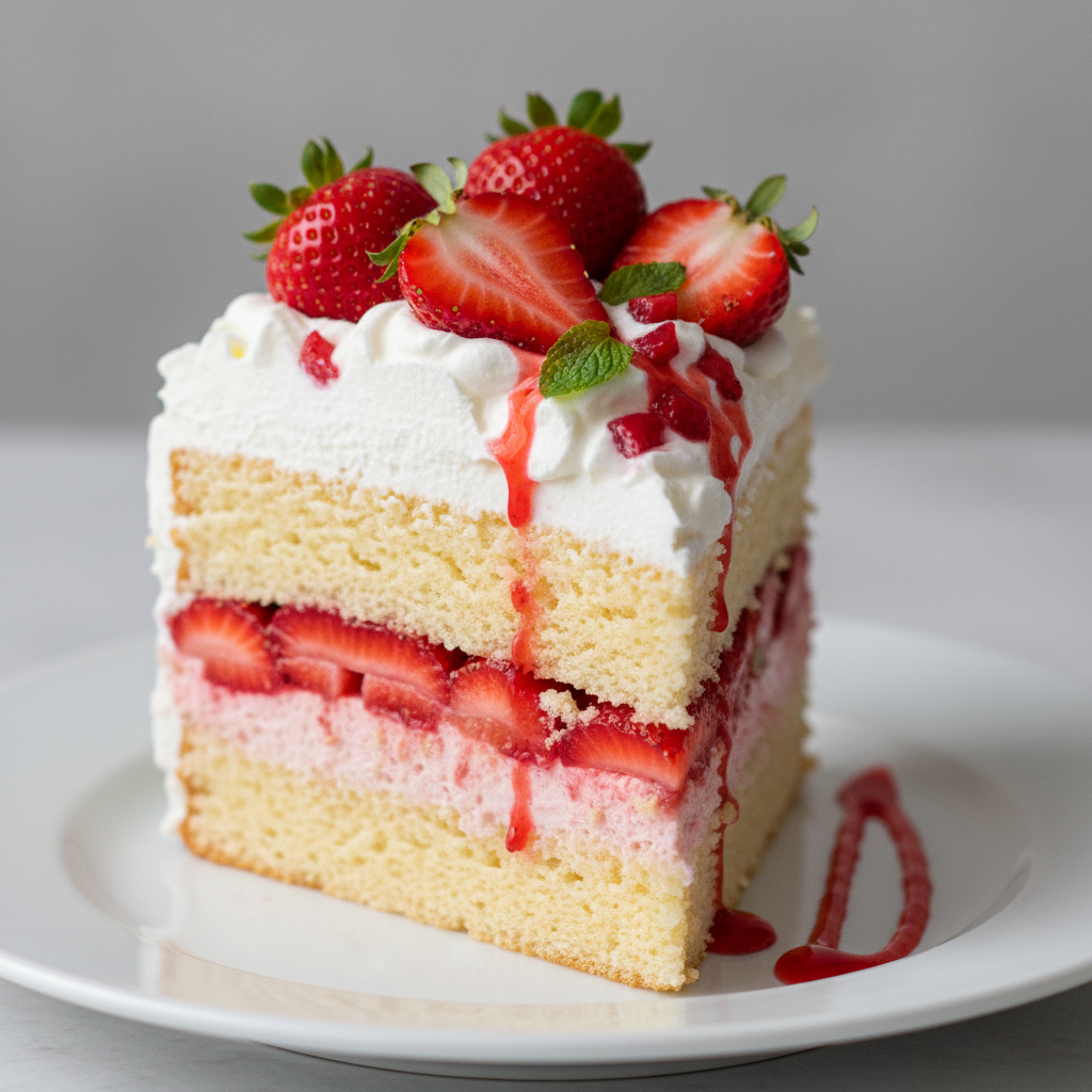 Traditional tres leches cake slice with whipped cream and strawberry on white plate