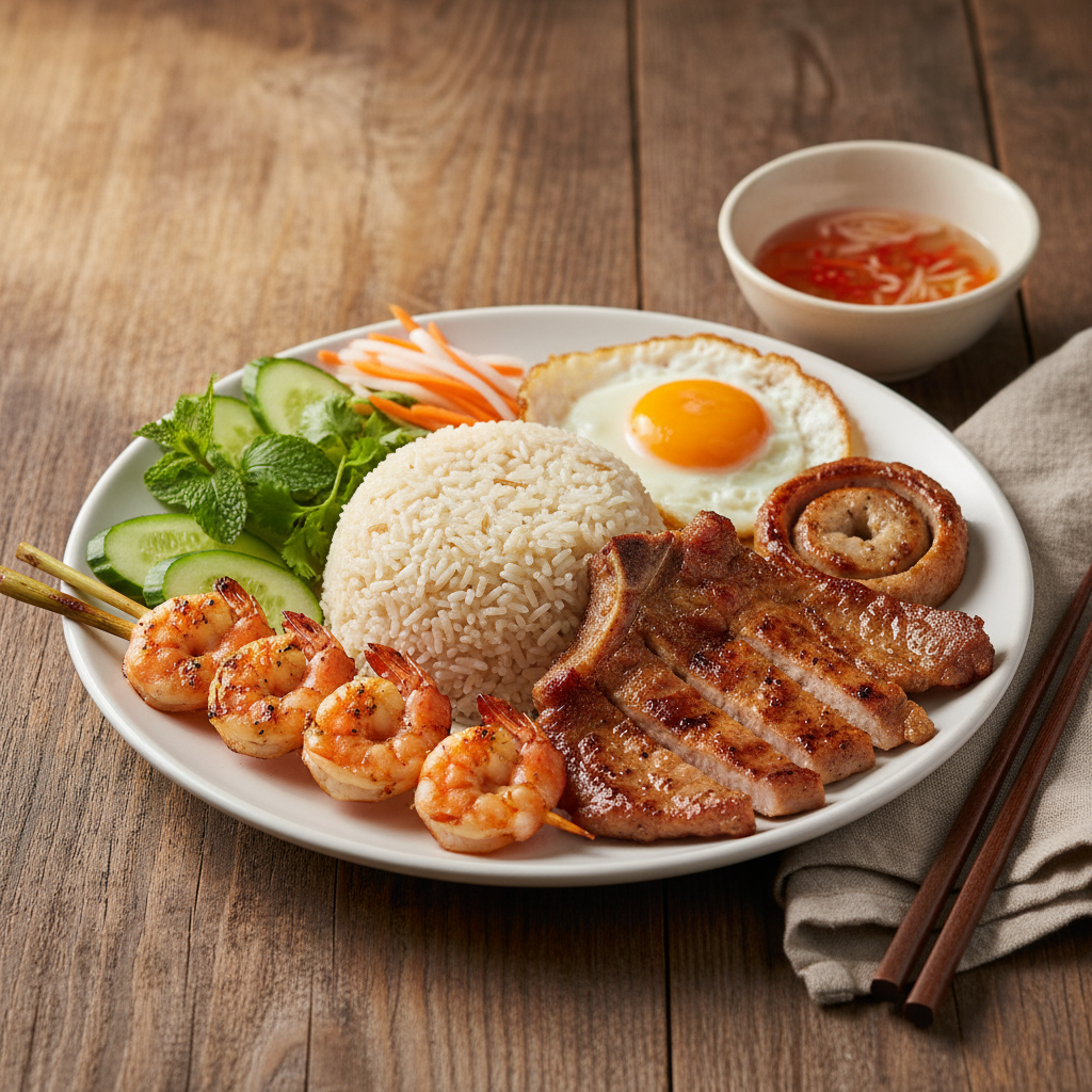 Broken rice with grilled meats and seasonal vegetables from the dry harvest