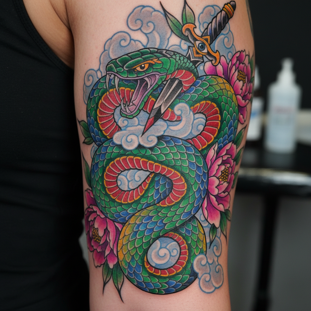 Instagram post showing neo-traditional snake tattoo with bold colors
