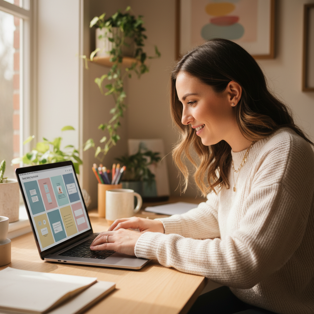 Remote worker at a bright desk looking focused and productive, natural light streaming through window