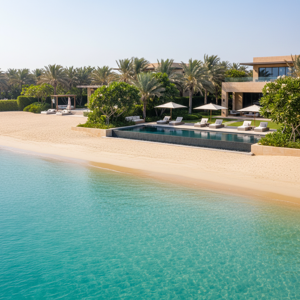 Luxury white villa with infinity pool and manicured garden in Saadiyat Island Abu Dhabi