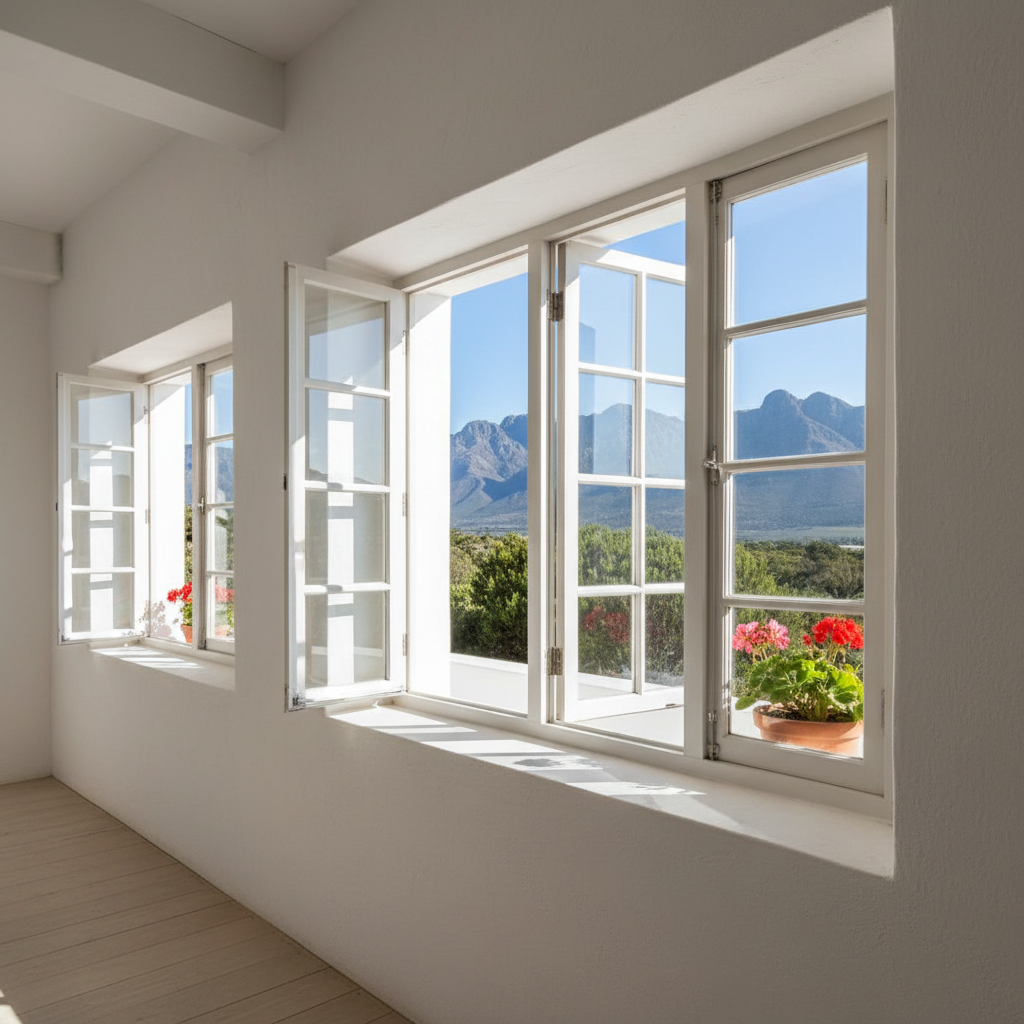 Aluminum casement windows in renovated Cape Dutch home, white frames, mountain backdrop visible through glass, sunny day