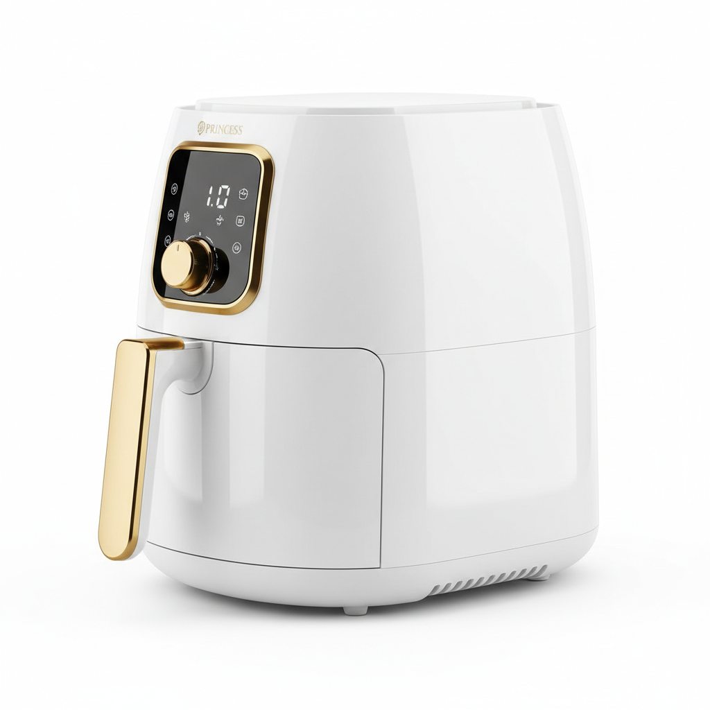 Princess Aerofryer XL wit met gouden accenten zijaanzicht studiofoto