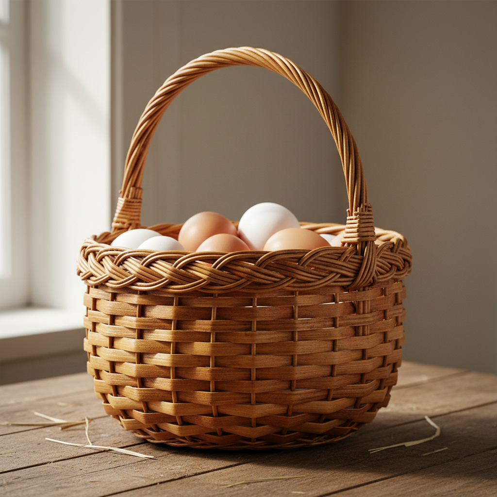 Classic plaited egg basket woven from flat oval reed