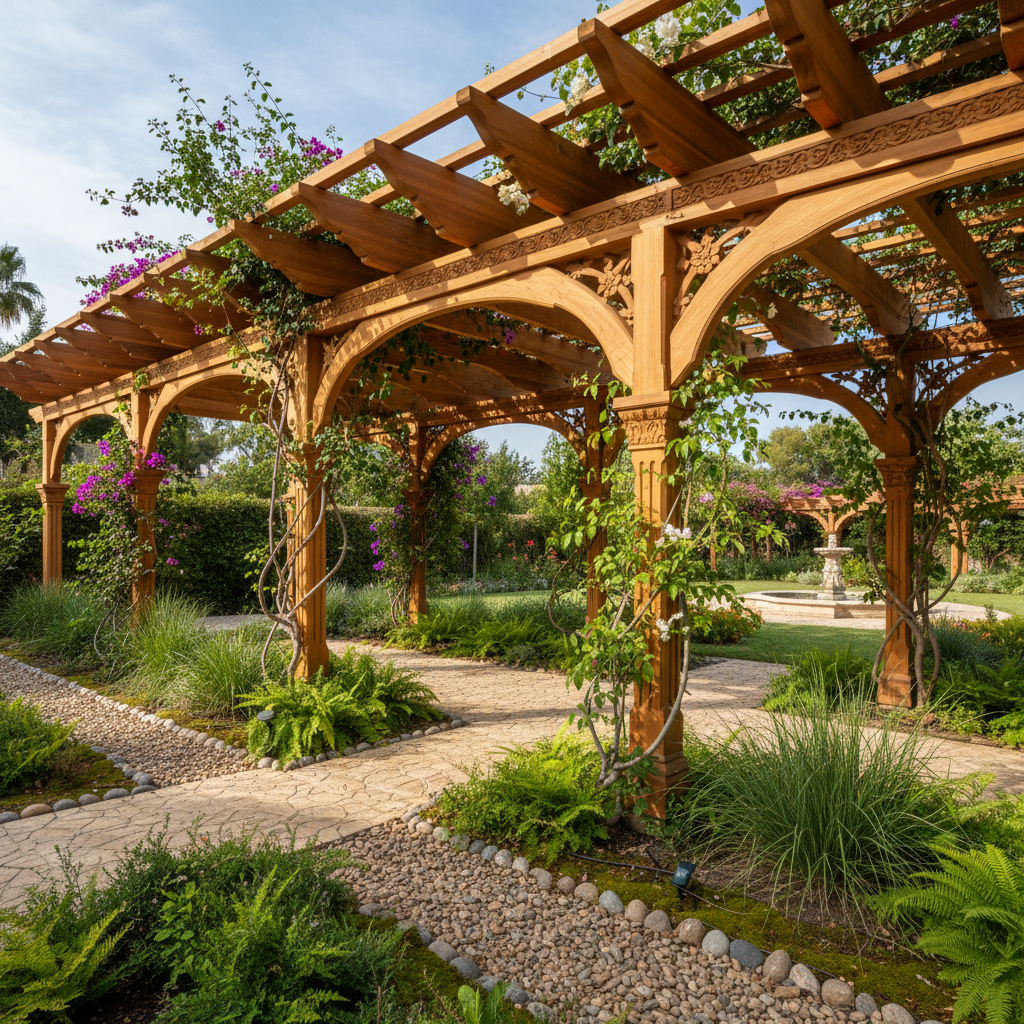 Premium hardwood deck with pergola in a beautiful Cape Town garden, afternoon sunlight, outdoor furniture