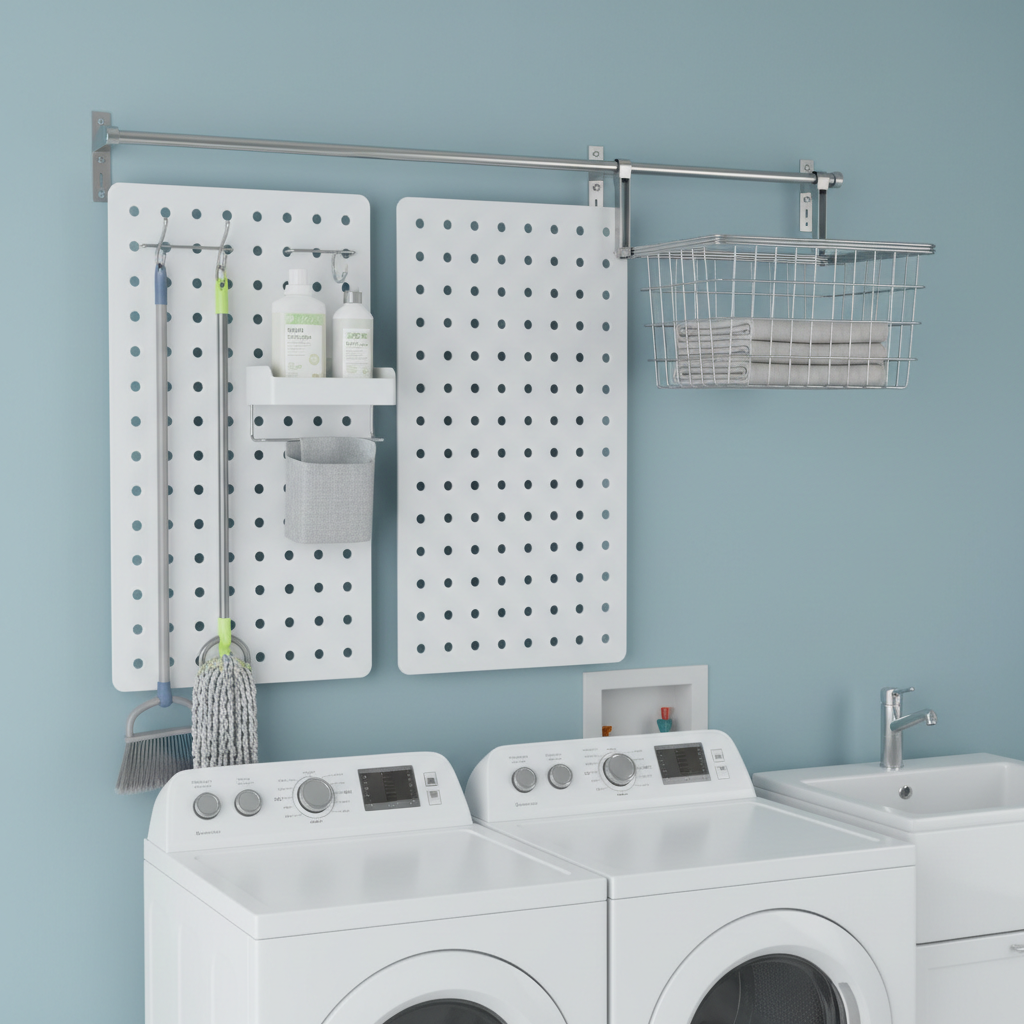 Starter wall configuration showing single rail with two panels and one basket track in laundry room