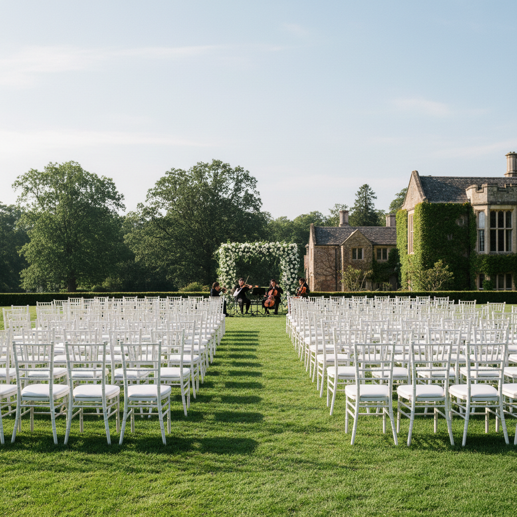 Manicured event lawn at night with white ceremony chairs, flower-lined aisle, and illuminated boundary walls