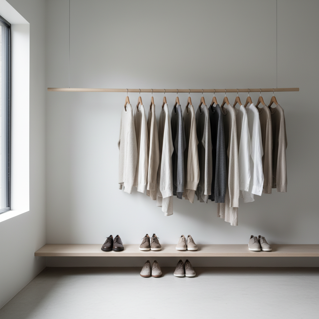 Neatly organized minimalist wardrobe with neutral toned clothing, bright natural light