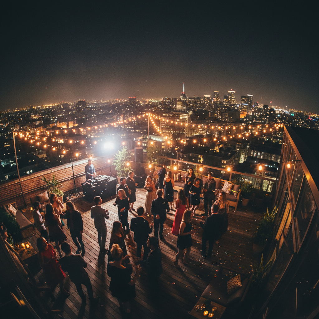 Rooftop brand launch party at night with city lights and dancing guests under warm string lights