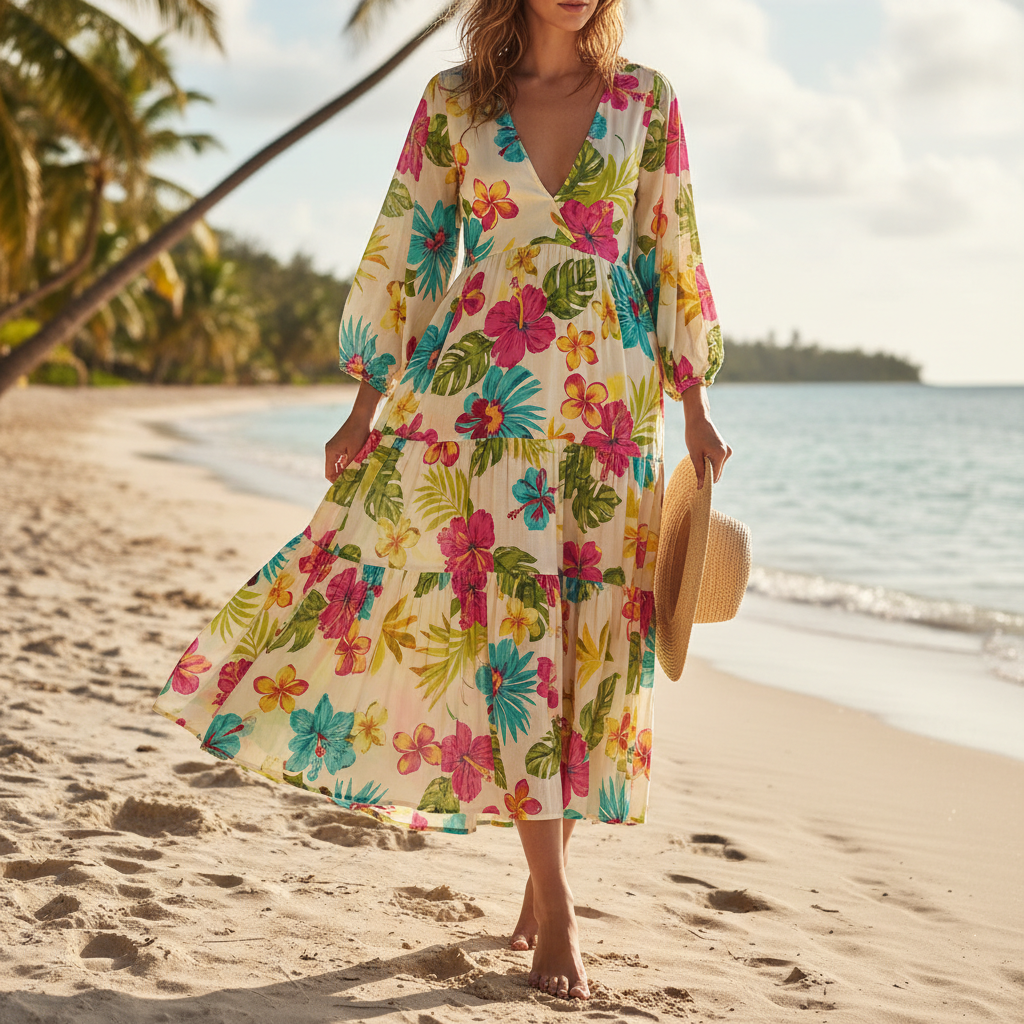 Flowing white linen sundress with tropical floral pattern on a light background
