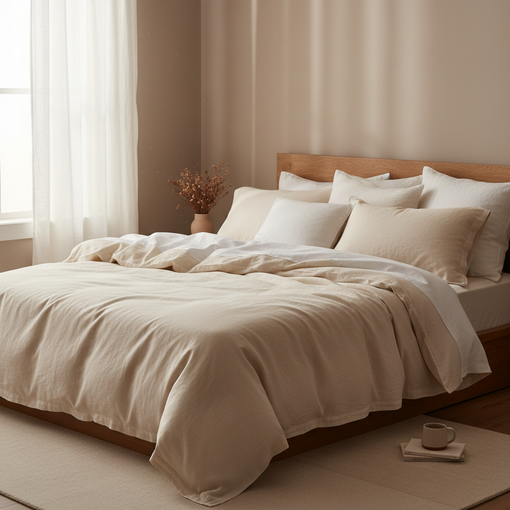 Мягкие белые и кремовые подушки на кровати с льняным бельём в скандинавском стиле