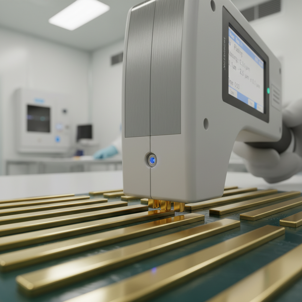 XRF measurement gun on gold tab connector in clean room, measuring plating thickness in real time