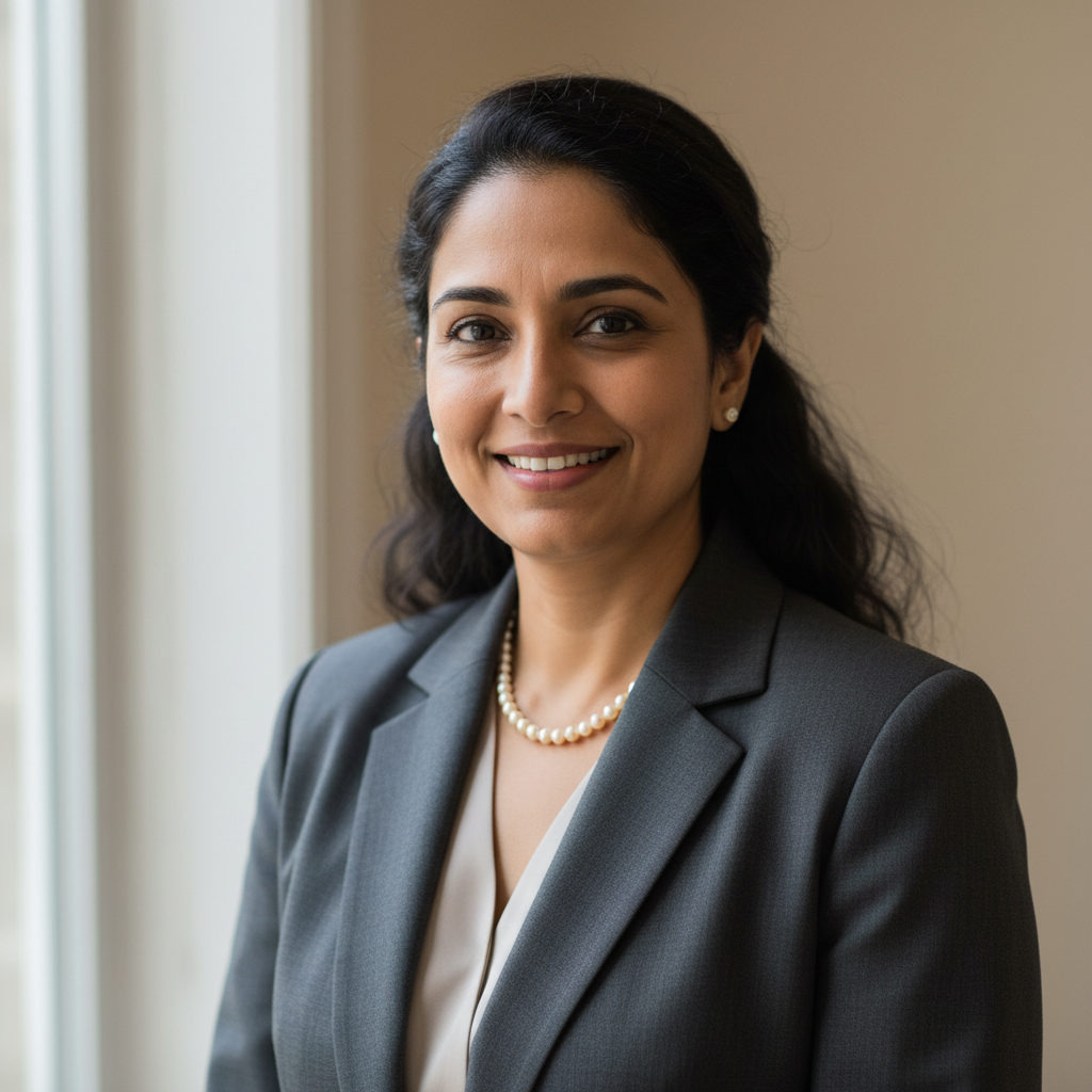 Indian mother in her 30s smiling warmly natural light portrait