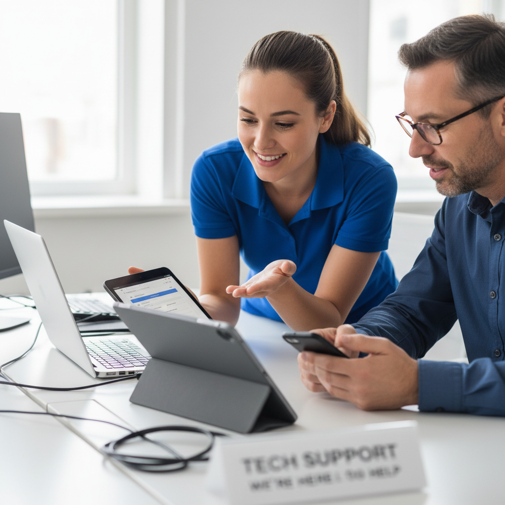 IT support specialist helping client with computer setup in office