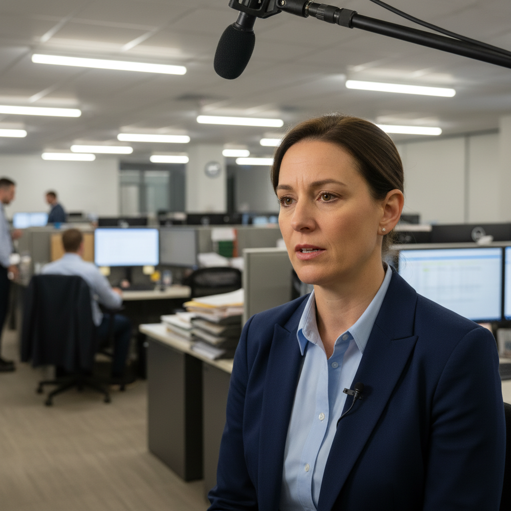 Claims adjuster professional being interviewed on camera in office setting