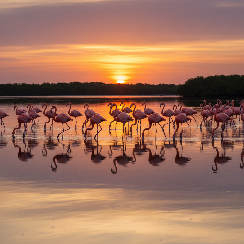 Flock of flamingos reflected in lagoon at sunset