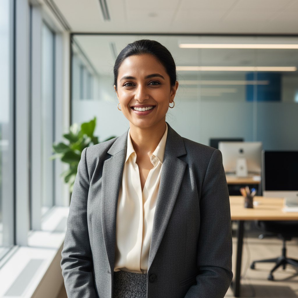 Professional Indian woman in formal attire with confident demeanor in office environment