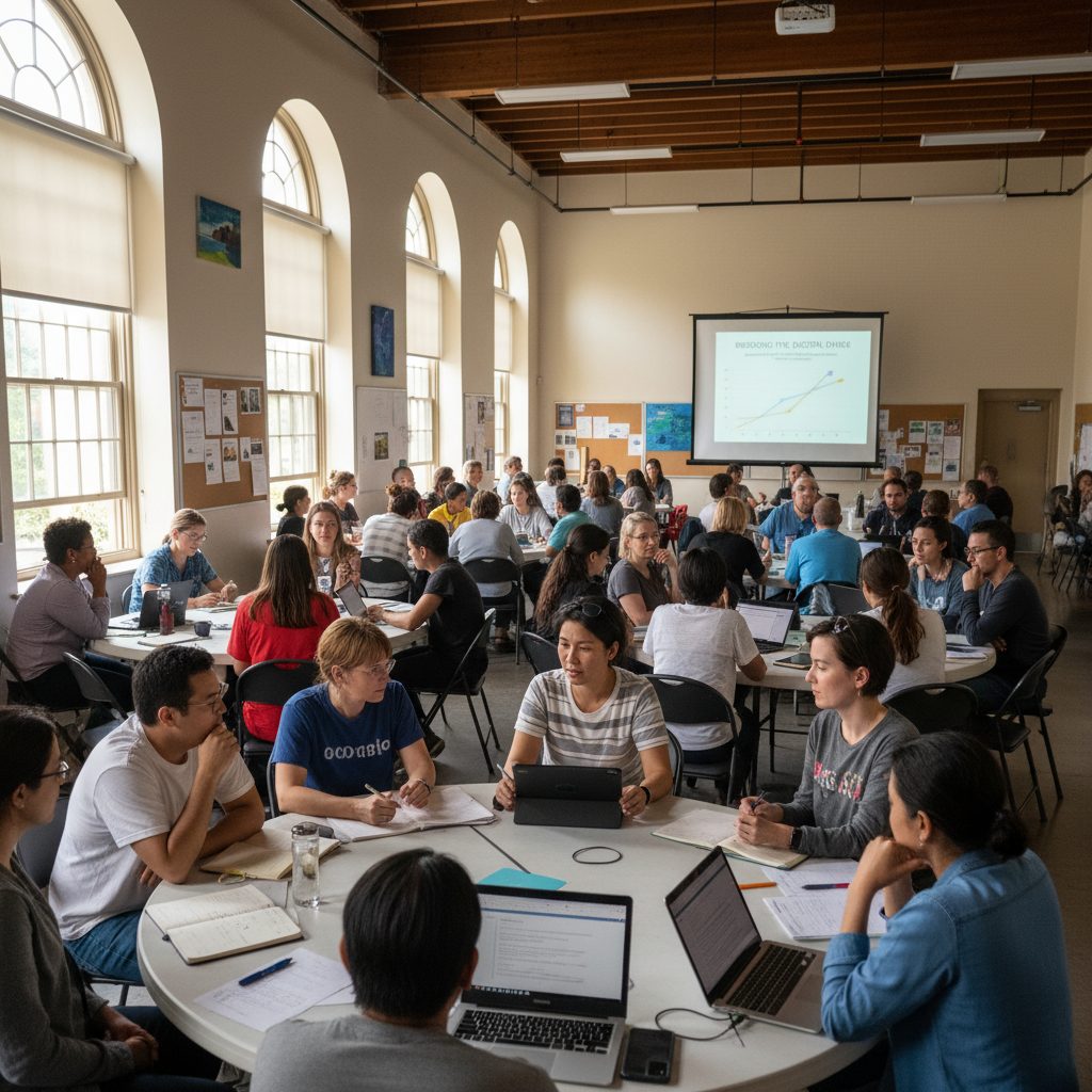 Large community forum meeting in a bright community center hall, rows of diverse attendees listening to a speaker at the front