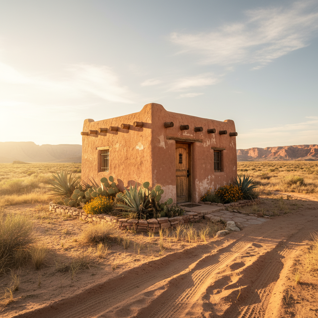 Small adobe-style tiny house in desert landscape, Taos New Mexico, golden afternoon light