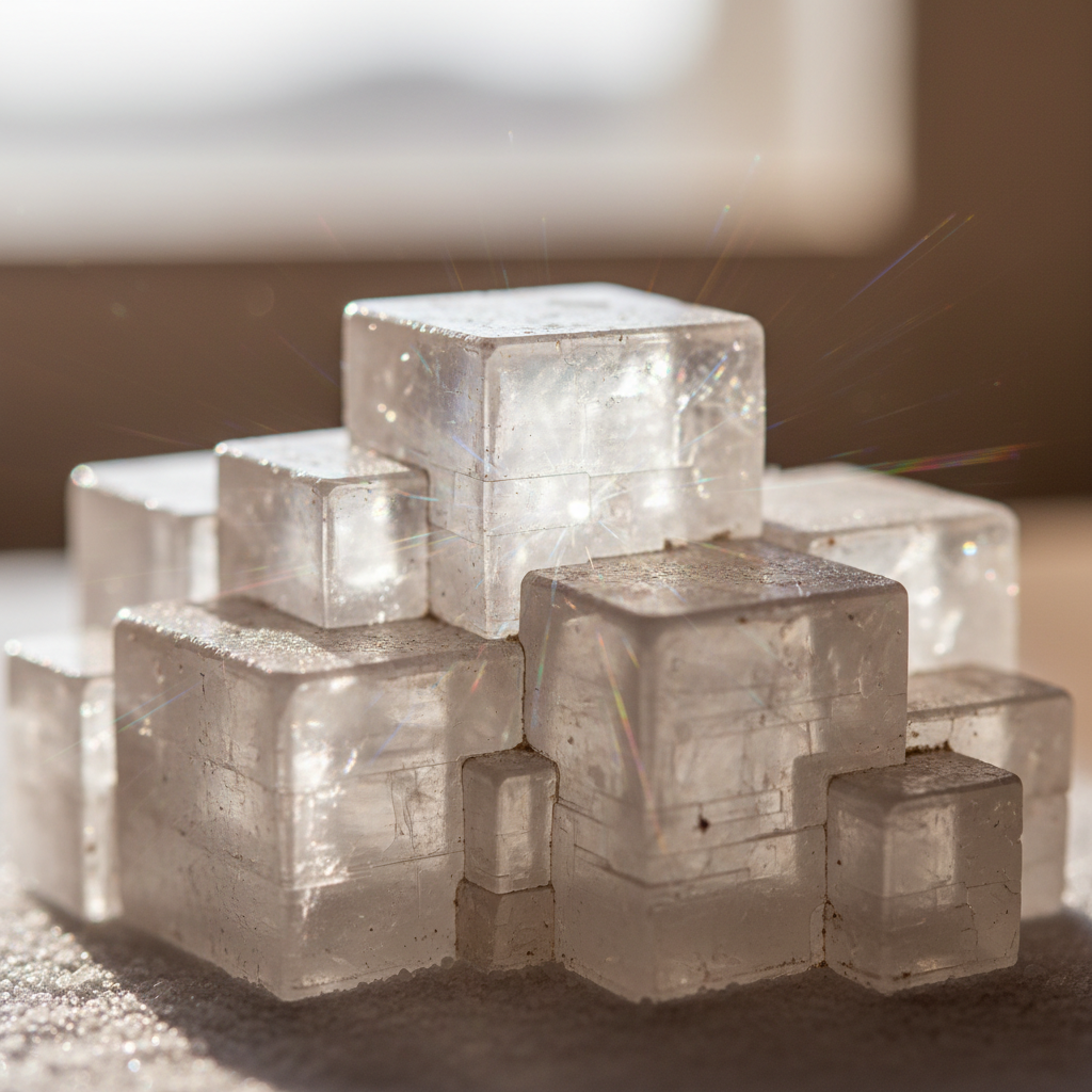 Macro photograph of halite crystal formations showing perfect cubic geometry, light refracting through translucent edges