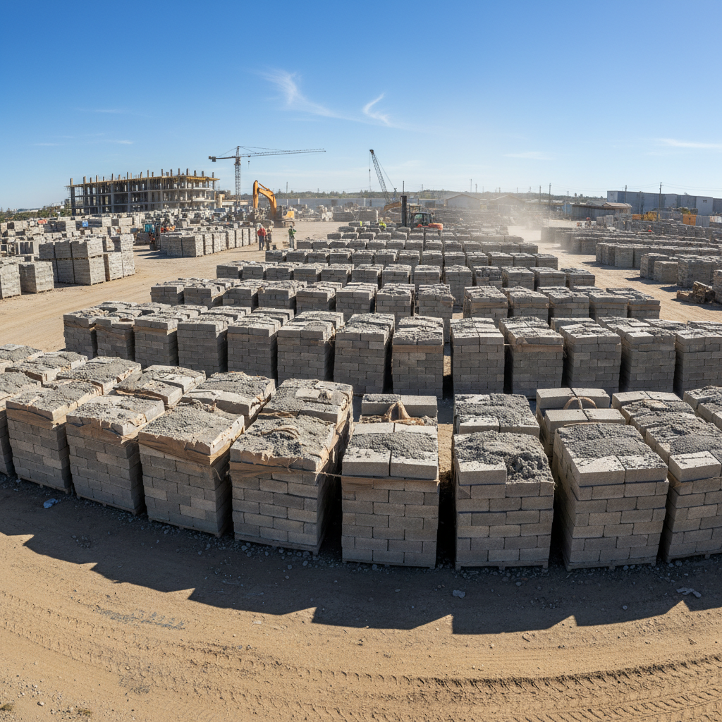 Solid concrete blocks stacked at a construction site