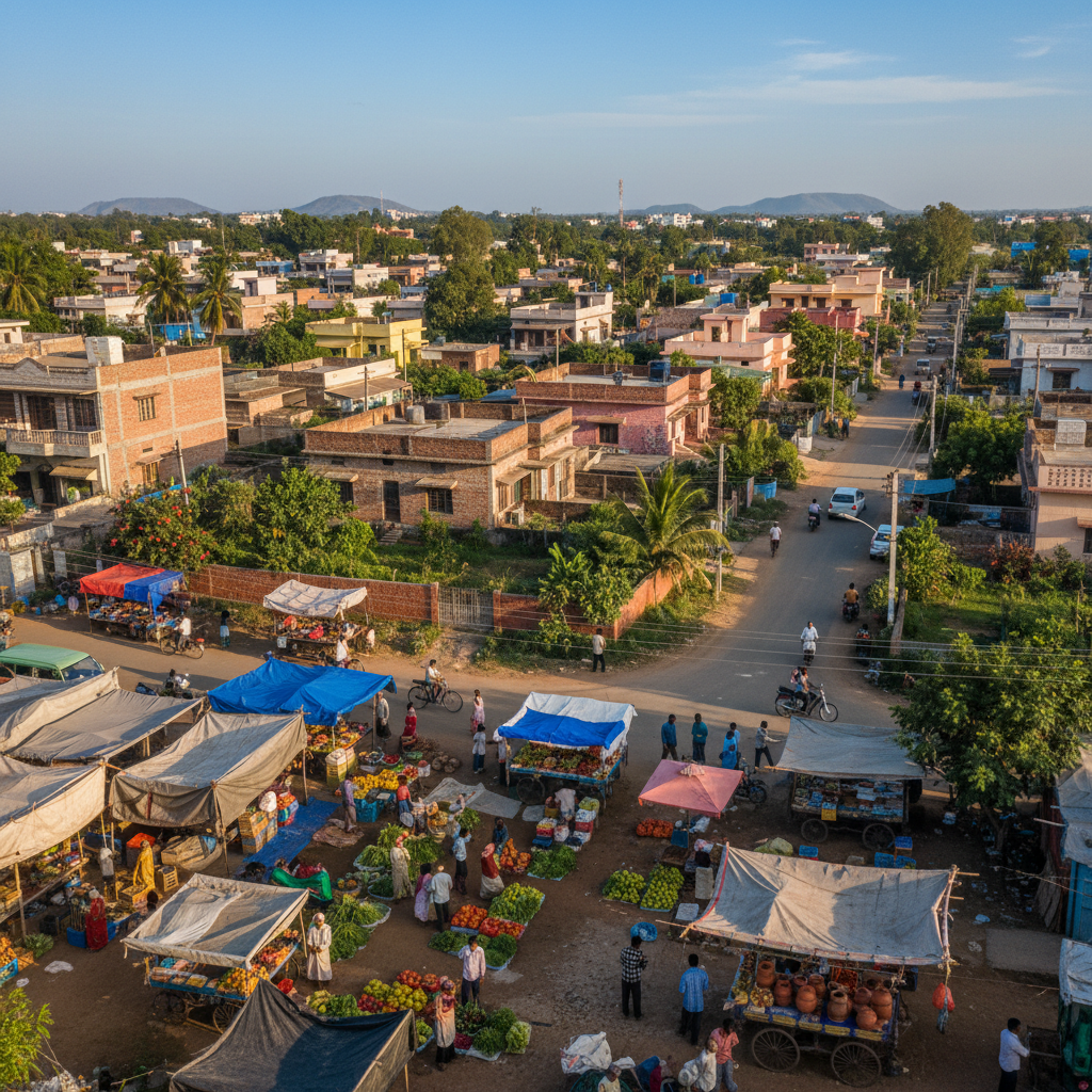 Bright aerial view of an Indian town market street with shops and pedestrians, clear sky, well-lit daytime scene
