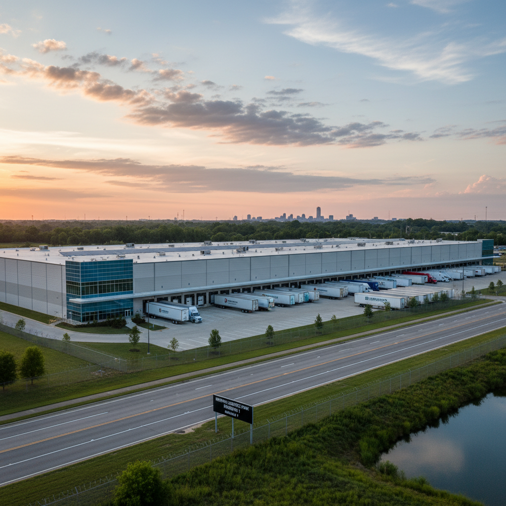 Modern distribution center exterior with loading docks, clear sky, logistics trucks parked