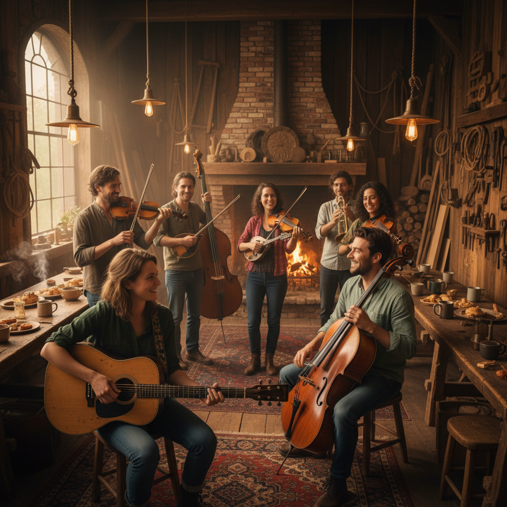 Group of musicians gathered in a warm workshop, instruments in hand