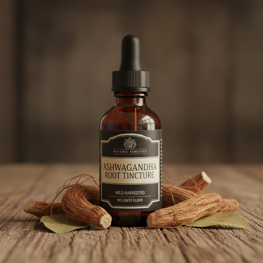 Ashwagandha root extract supplement bottle on wooden surface with dried herbs