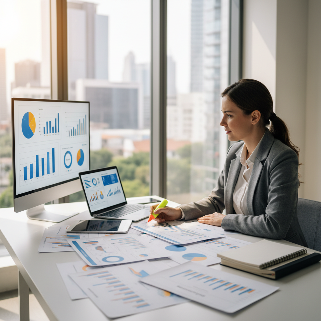 Business strategy documents and analytics charts on dark desk, moody low-key professional lighting