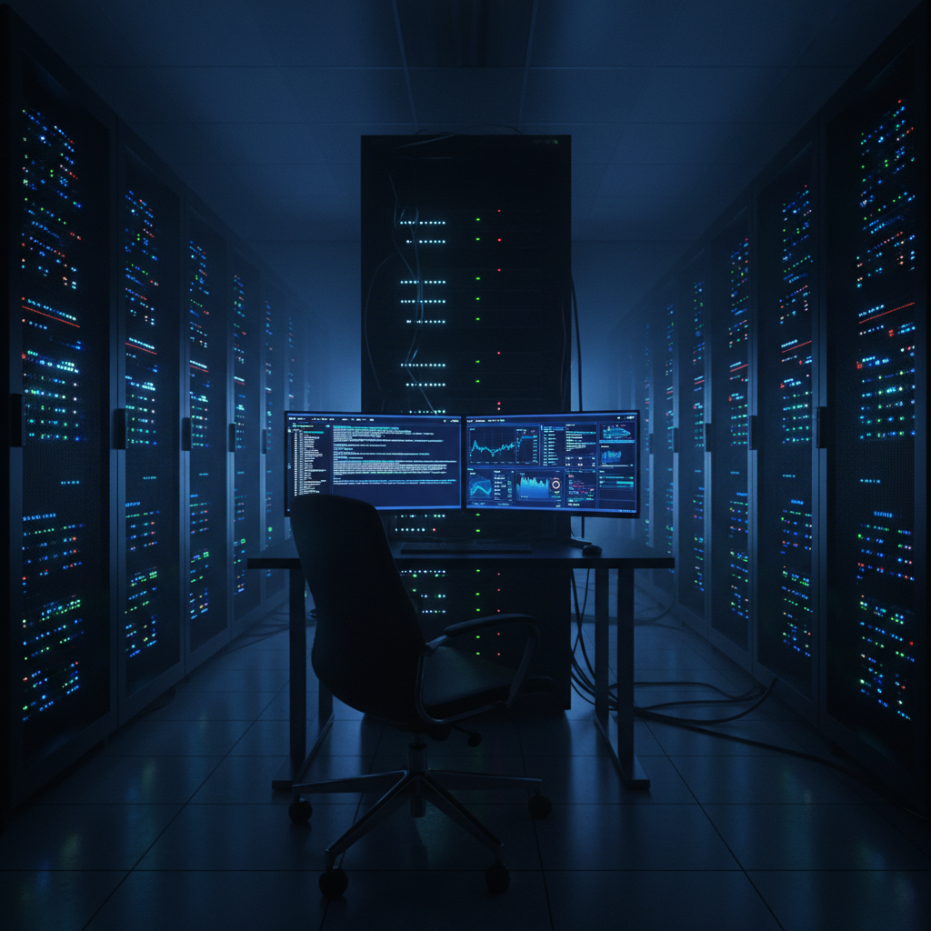 Dark server infrastructure dashboard on screen, dim data center environment, cool blue LED lighting, deep shadows