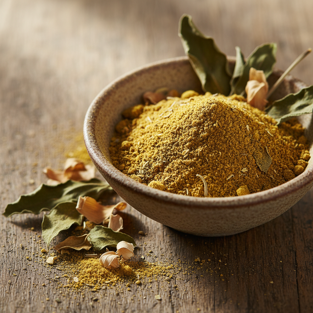 Golden asafoetida powder in a small spoon on a dark surface