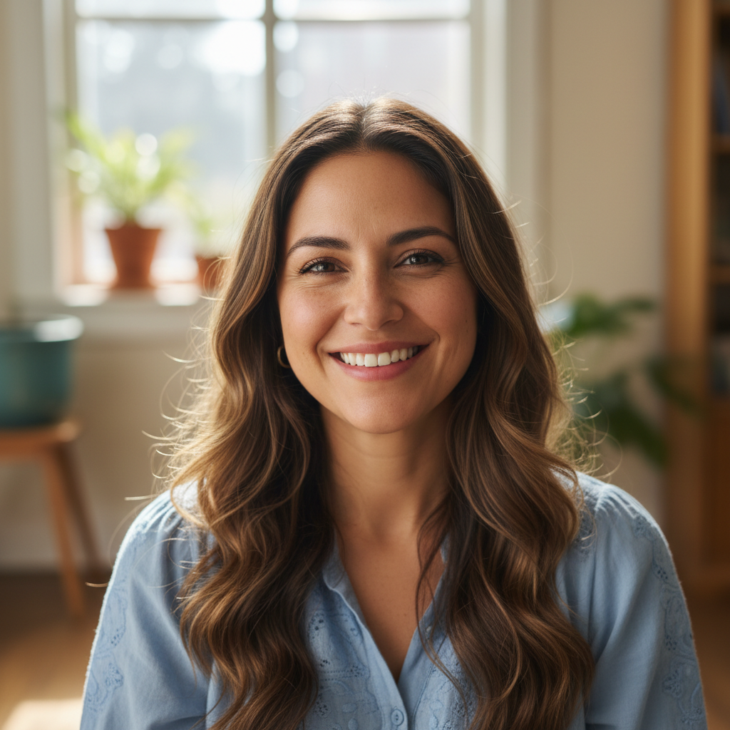 Smiling woman with long brown hair wearing casual blue sweater in natural lighting
