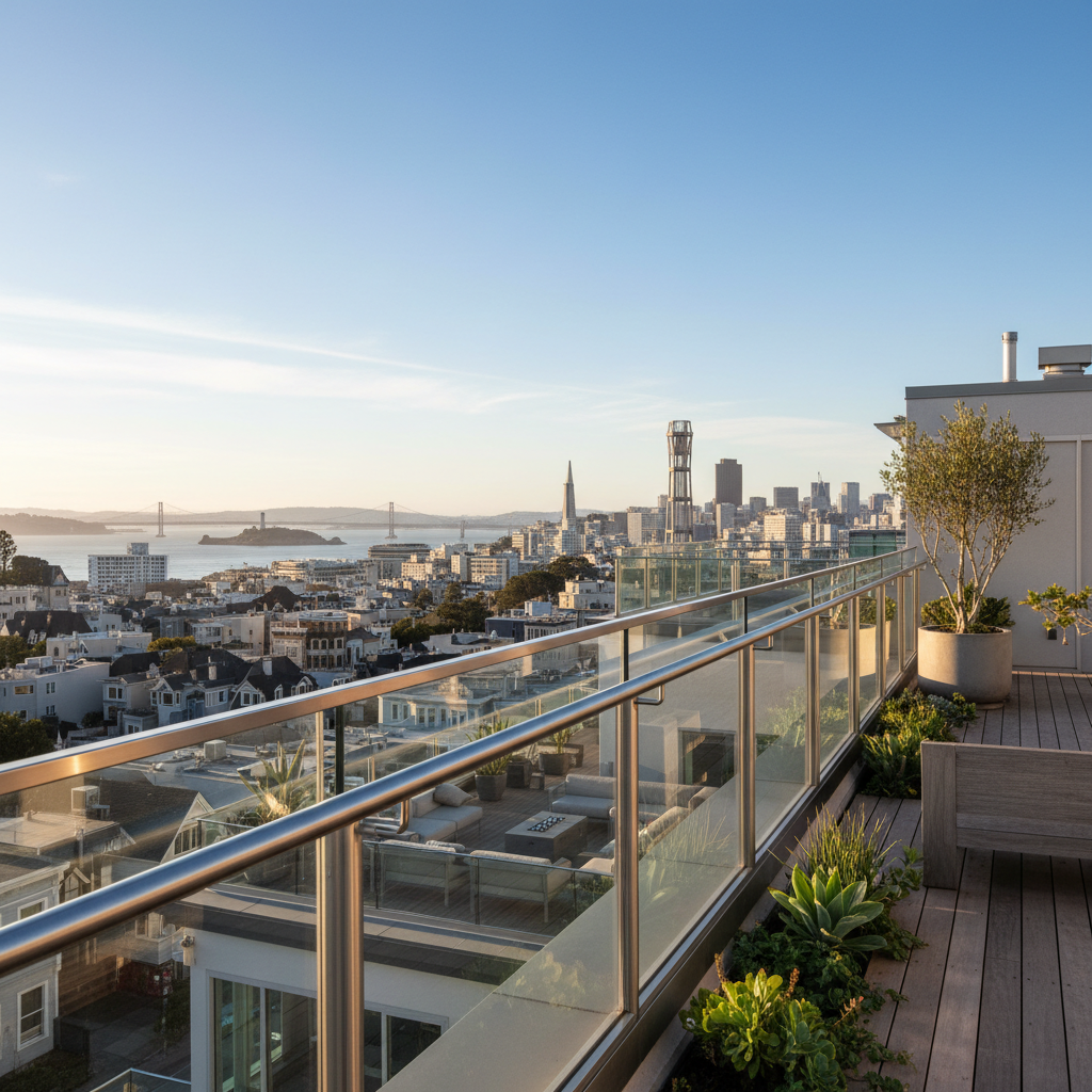 Russian Hill rooftop terrace glass and steel railing fence installation