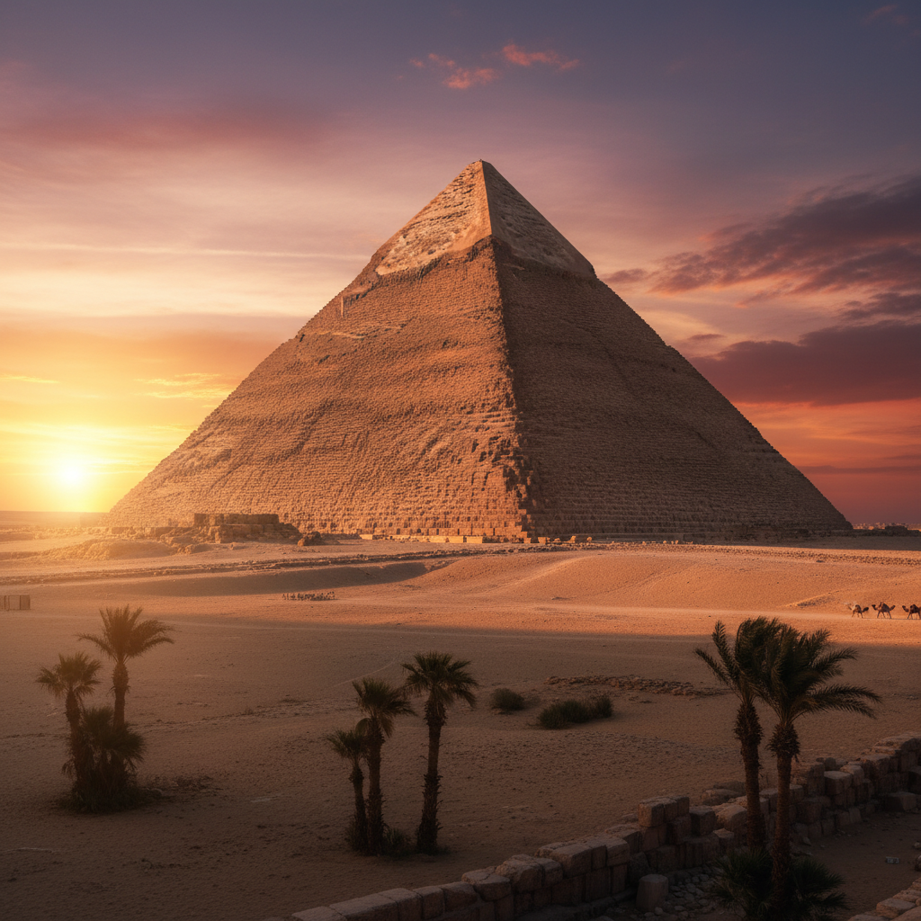 Egyptian pyramids at golden sunset with amber sky and desert sands
